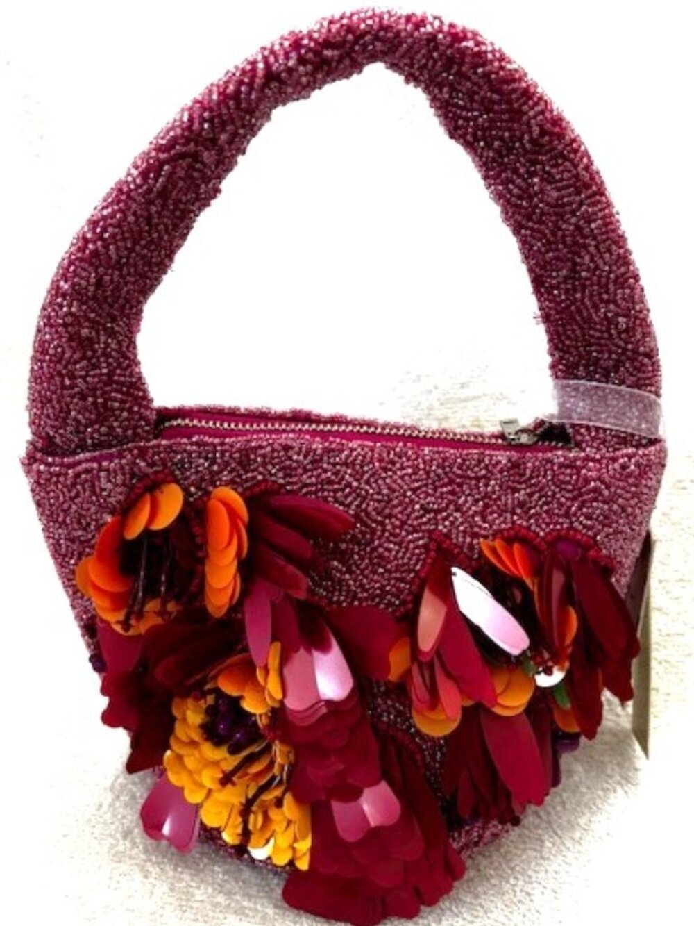 Vibrant beaded handbag from India in shimmery raspberry shades NWT